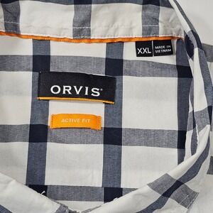 Orvis Mens XXL Active Fit Short Sleeve Plaid Button Down Shirt Navy White 3HK3